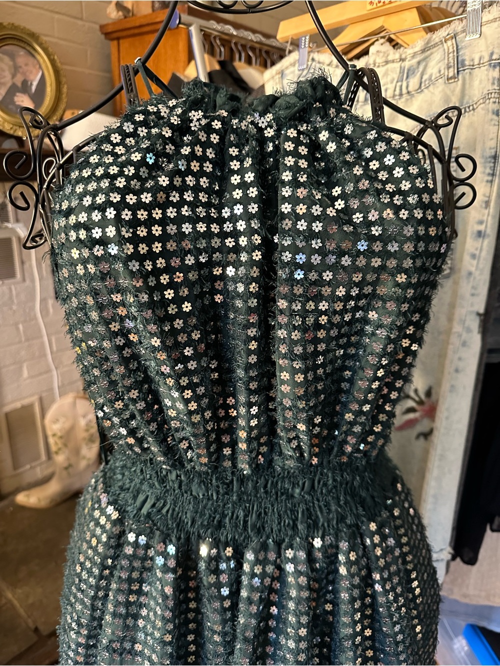 Anthropologie Emerald Green Sequin Floral Strapless Dress
